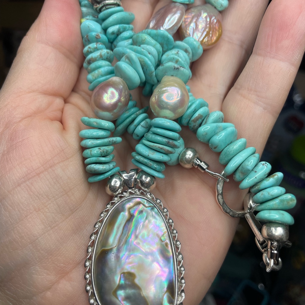 Sonoran Turquoise, Pearl, Sterling Silver Necklace With Abalone Sterling Pendant